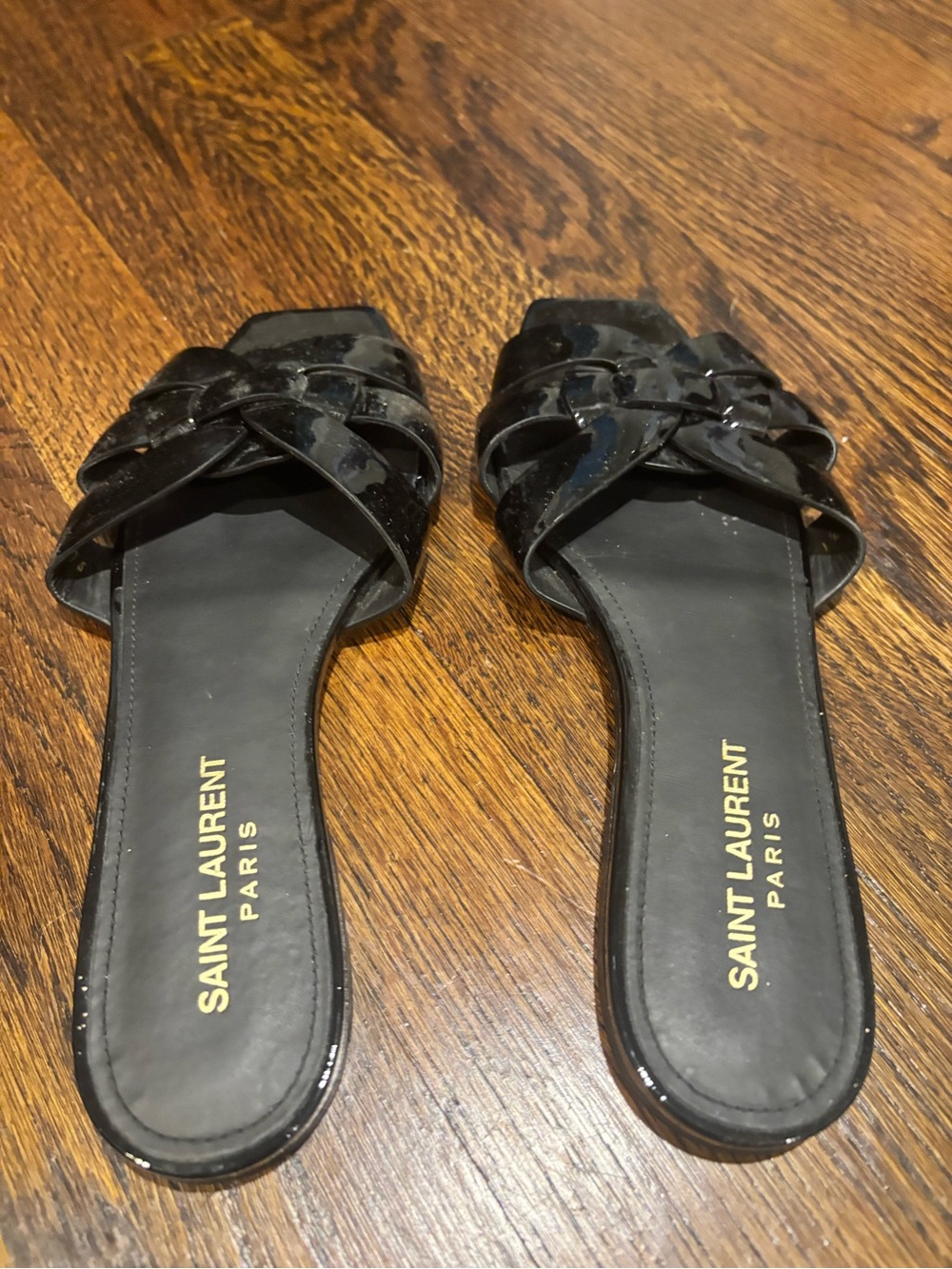 Saint Laurent Black Patent Woven Slide Mules